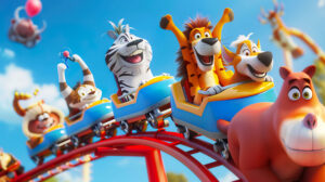 A cheerful wallpaper featuring cartoon animals riding on a roller coaster, their faces filled with excitement as they zoom around loops and twists