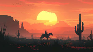 A classic cowboy silhouette riding into the sunset, with rugged mountains and cacti dotting the horizon