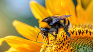 A close up of a bumblebee collecting pollen from a bright yellow sunflower, its fluffy body covered in golden grains