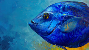 A close up of a majestic blue tang fish, its iridescent scales shimmering in the sunlight as it glides through crystal clear waters