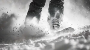 A close up of a snowboarder carving through fresh powder snow, leaving a trail of rooster tails in their wake