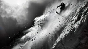A compelling wallpaper capturing a snowboarder speeding down a steep couloir in dramatic black and white with snow spraying behind them