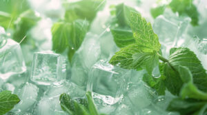 A cool and invigorating wallpaper featuring a creative arrangement of fresh mint leaves alongside ice cubes