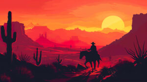 A cowboy in a classic silhouette rides toward the setting sun with rugged mountains and cacti scattered along the horizon in the wallpaper named Cowboy Sunset