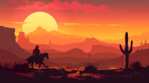 A cowboy silhouette on a classic ride at dusk with rugged mountains and cacti lining the horizon dotting the landscape in .jpg