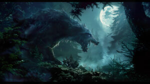 A creature of Norse mythology like a menacing wolf or a crafty serpent hides in the moonlit shadows of a forest