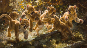 A delightful wallpaper capturing the playful sight of young cougar cubs frolicking and wrestling in a sunlit forest clearing radiating boundless joy