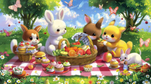 A delightful wallpaper displaying a collection of animated animals enjoying a picnic featuring baskets filled with sandwiches fruits and cupcakes laid out on a checkered blanket