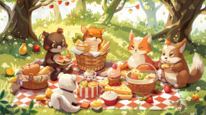 A delightful wallpaper showcasing a whimsical scene of cartoon animals enjoying a picnic with baskets of sandwiches fruits and cupcakes on a checkered blanket