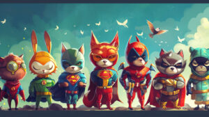 A delightful wallpaper with cartoon animals dressed in superhero costumes, ready to save the day with their bravery and cunning