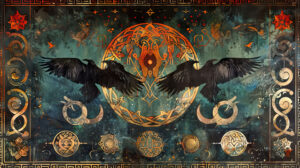 A depiction of Norse gods and goddesses adorned with intricate details featuring Odins ravens Huginn and Muninn in flight above