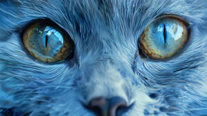 A detailed photo of a blue cats face shows its expressive eyes and unique features in intricate detail
