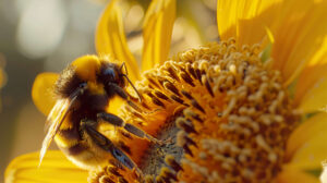A detailed view showcasing a bumblebee gathering pollen from a vibrant yellow sunflower its fuzzy body adorned with gleaming grains