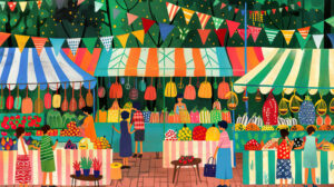 A doodle of a bustling market scene, with vendors selling fruits, vegetables, and other goods from colorful stalls adorned with bunting and flags