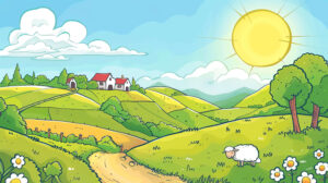A doodle of a charming countryside landscape, with rolling hills, quaint cottages, and grazing sheep under a sunny sky