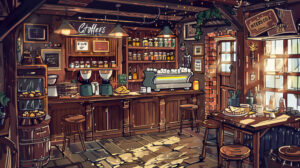 A doodle of a cozy coffee shop, with steaming cups of coffee, freshly baked pastries, and friendly baristas serving customers with a smile
