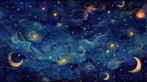 A doodle of a starry night sky, with swirling galaxies, shooting stars, and crescent moons scattered across the page