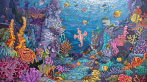 A doodle of a whimsical underwater scene, with fish, seahorses, and octopuses swimming amidst coral reefs and sunken treasure