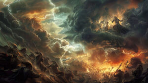 A dramatic Norse myth inspired wallpaper depicting a legendary battle between gods and giants amidst stormy clouds and fiery lightning