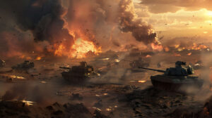 A dramatic battle scene with tanks rolling across a war torn landscape, smoke billowing from explosions as soldiers fight for control of the battlefield