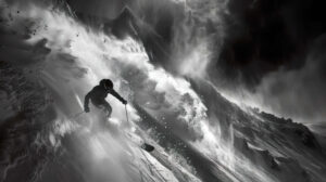 A dramatic black and white photograph of a snowboarder racing down a steep couloir, with snow spraying up in their wake