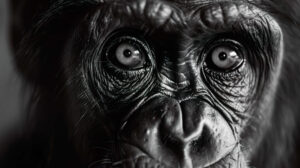 A dramatic close up of a chimpanzee's face, its expressive eyes conveying a range of emotions from curiosity to mischief