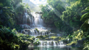 A dramatic image of a jungle waterfall cascading down moss covered rocks into a crystal clear pool below, surrounded by lush greenery