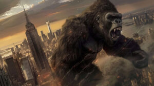 A dramatic scene of King Kong roaring defiantly atop a towering skyscraper, with the city skyline spread out below him