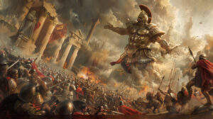 A dramatic showdown unfolds between the mighty Titans and the formidable gods of Olympus led by Atlas showcasing his unparalleled strength at the heart of the battle