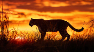 A dramatic silhouette of a cougar against a fiery sunset sky, its majestic form outlined in shades of orange and gold