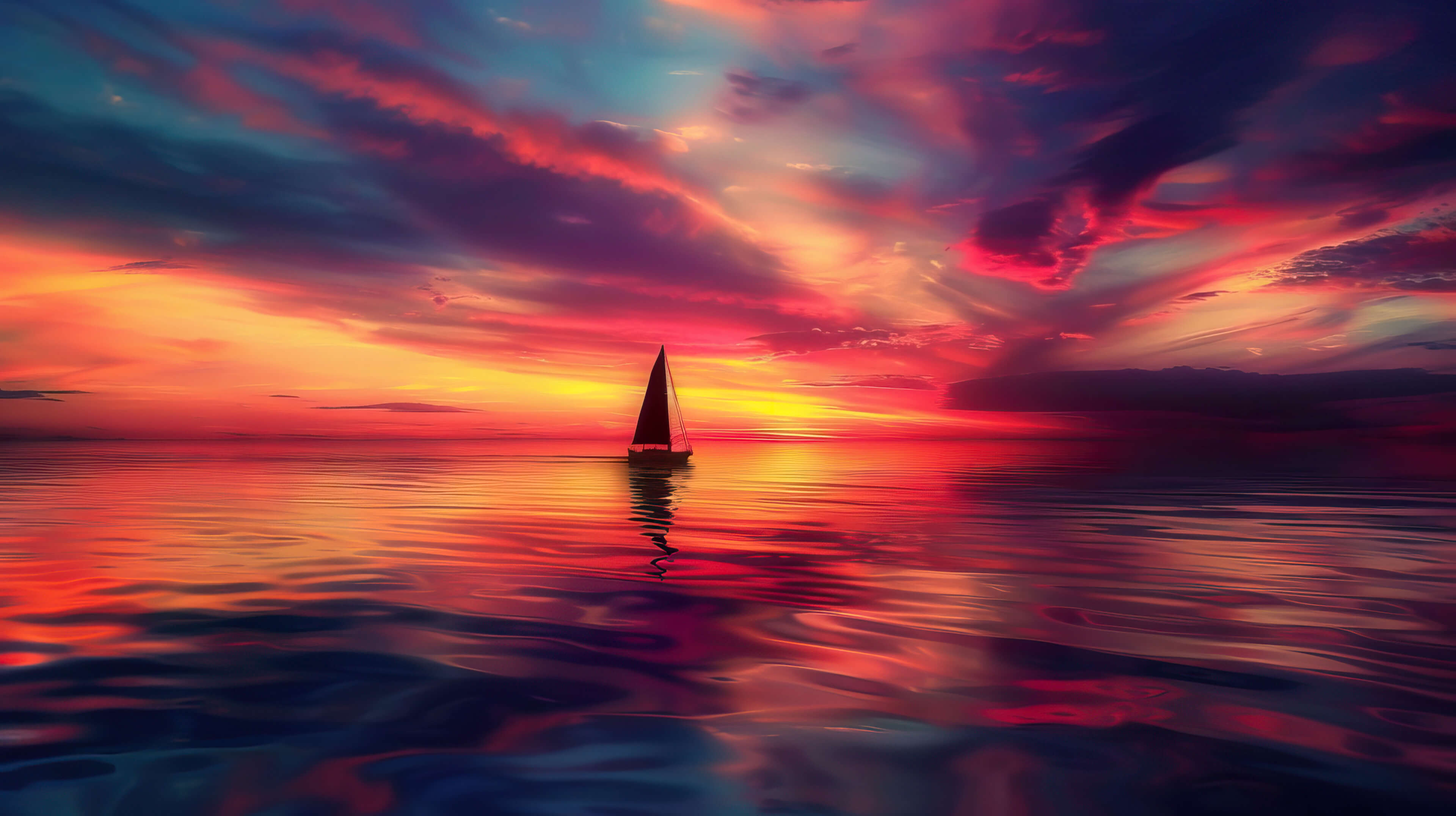 A dramatic sunset over the ocean, with a sailboat silhouetted against fiery orange and pink hues reflecting off the water