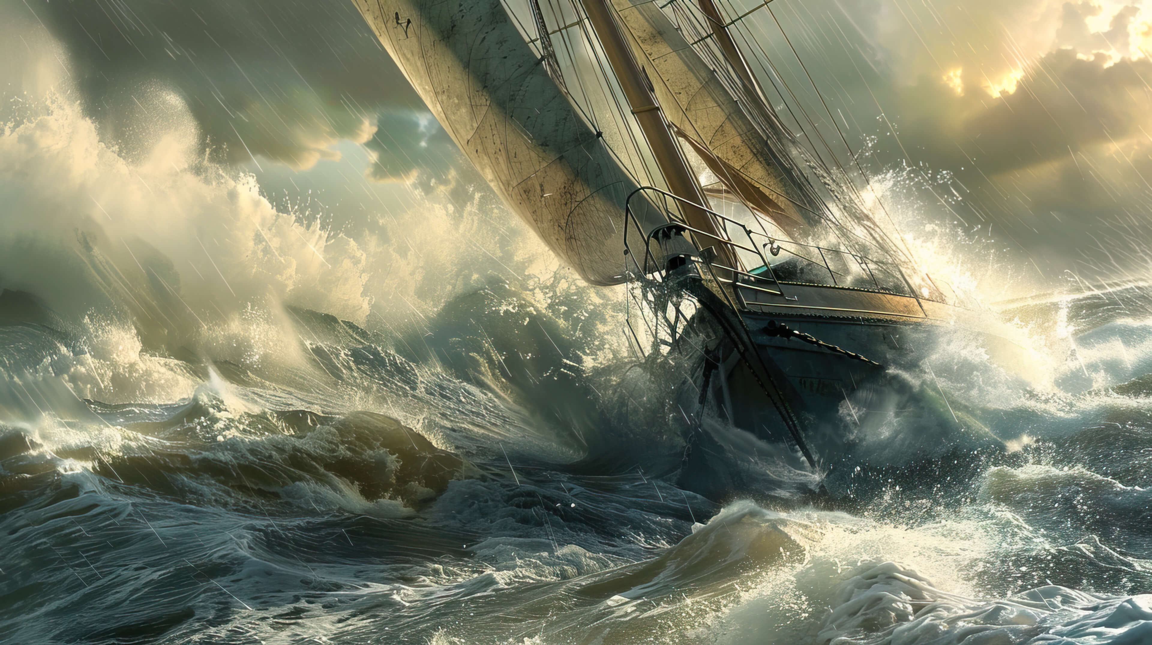 A dramatic wallpaper capturing a sailboat navigating turbulent seas with its crew battling crashing waves and fierce winds