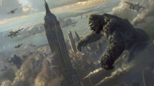 A dramatic wallpaper showcasing King Kong climbing the Empire State Building and swatting at airplanes circling around him