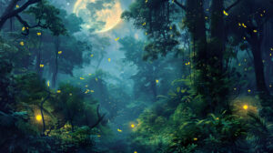 A dreamy landscape with fireflies dancing among the trees in a moonlit jungle, casting an enchanting glow over the lush foliage