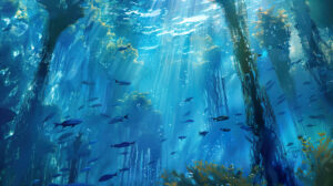 A dreamy seascape with blue fish swimming among towering kelp forests and drifting seaweed, creating a sense of tranquility and wonder