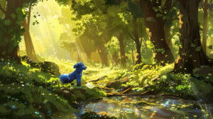 A dreamy woodland scene with a blue dog frolicking among sun dappled trees and shimmering streams, its joyful spirit contagious to all who encounter it