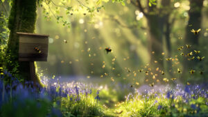 A dreamy woodland scene with bumblebees darting among dappled sunlight and blooming bluebells, creating a magical atmosphere