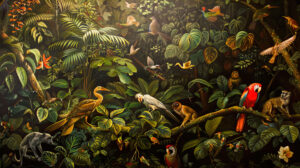 A dynamic scene of jungle animals hunting and foraging for food amidst the dense foliage, with colorful birds and playful monkeys adding to the lively atmosphere