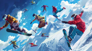 A dynamic wallpaper showcasing cartoon snowboarders executing daring tricks and flips on a vibrant backdrop