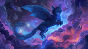 A fantastical wallpaper featuring a blue cat with wings soaring through a starry night sky amidst swirling clouds