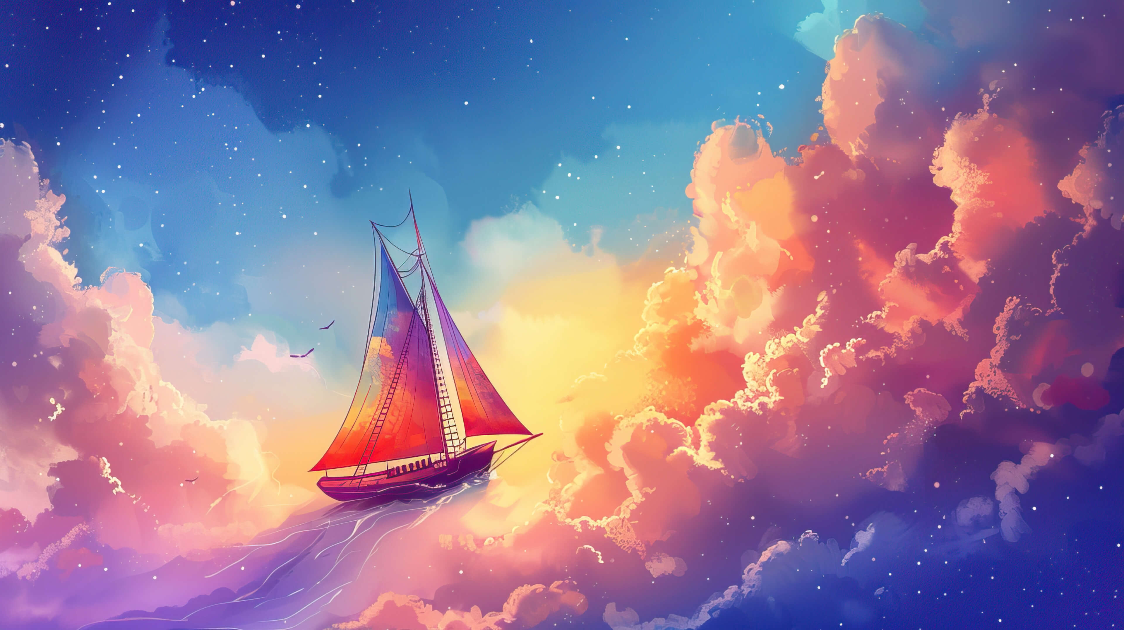 A fantastical wallpaper featuring a sailboat gliding through the sky amidst fluffy clouds its vibrant sails infusing a magical essence into the scene