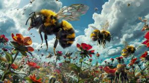 A fantasy garden alive with vivid colors showcasing giant bumblebees pollinating whimsical flowers. The wallpaper is surreal and captivating