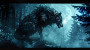 A fearsome wolf or cunning serpent creatures from Norse legend hiding in the moonlit shadows of a forest