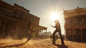 A fierce encounter unfolds between two gunfighters in an abandoned ghost town under the scorching noon sun