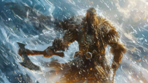 A formidable Norse fighter gripping a powerful axe defiantly positioned amidst swirling snow and howling winds