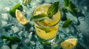 A frosty glass holds a mint infused cocktail adorned with fresh mint and a lemon slice