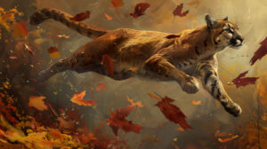 A graceful cougar captured mid leap its slender form arching against swirling autumn leaves in the background in a wallpaper titled Elegant Leap
