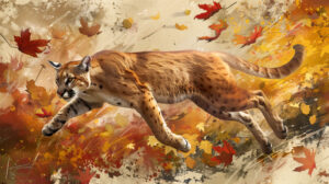 A graceful cougar leaps through the air with its lithe body arcing against a backdrop of swirling autumn leaves in the wallpaper named Cougar Leaping