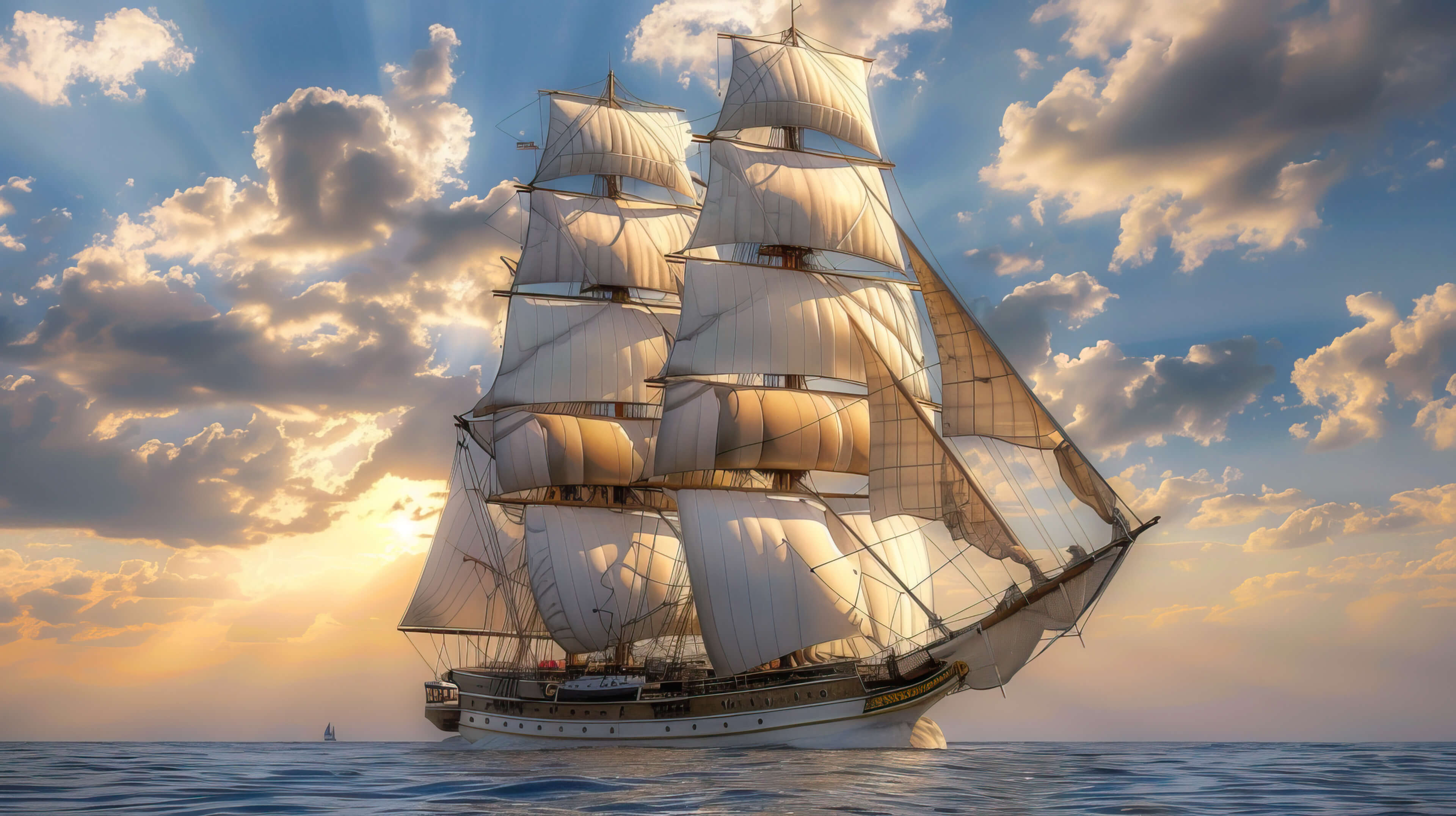 A grand towering vessel with sails unfurled harkening back to a time of sea voyages and discovery