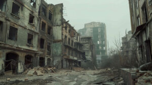 A gritty urban landscape with bombed out buildings and rubble strewn streets, a testament to the destruction wrought by war